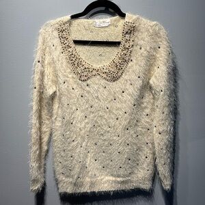 Mizumi Ivory Eyelash Polka Dot Sweater‎ Cozy embellished neckline SzL